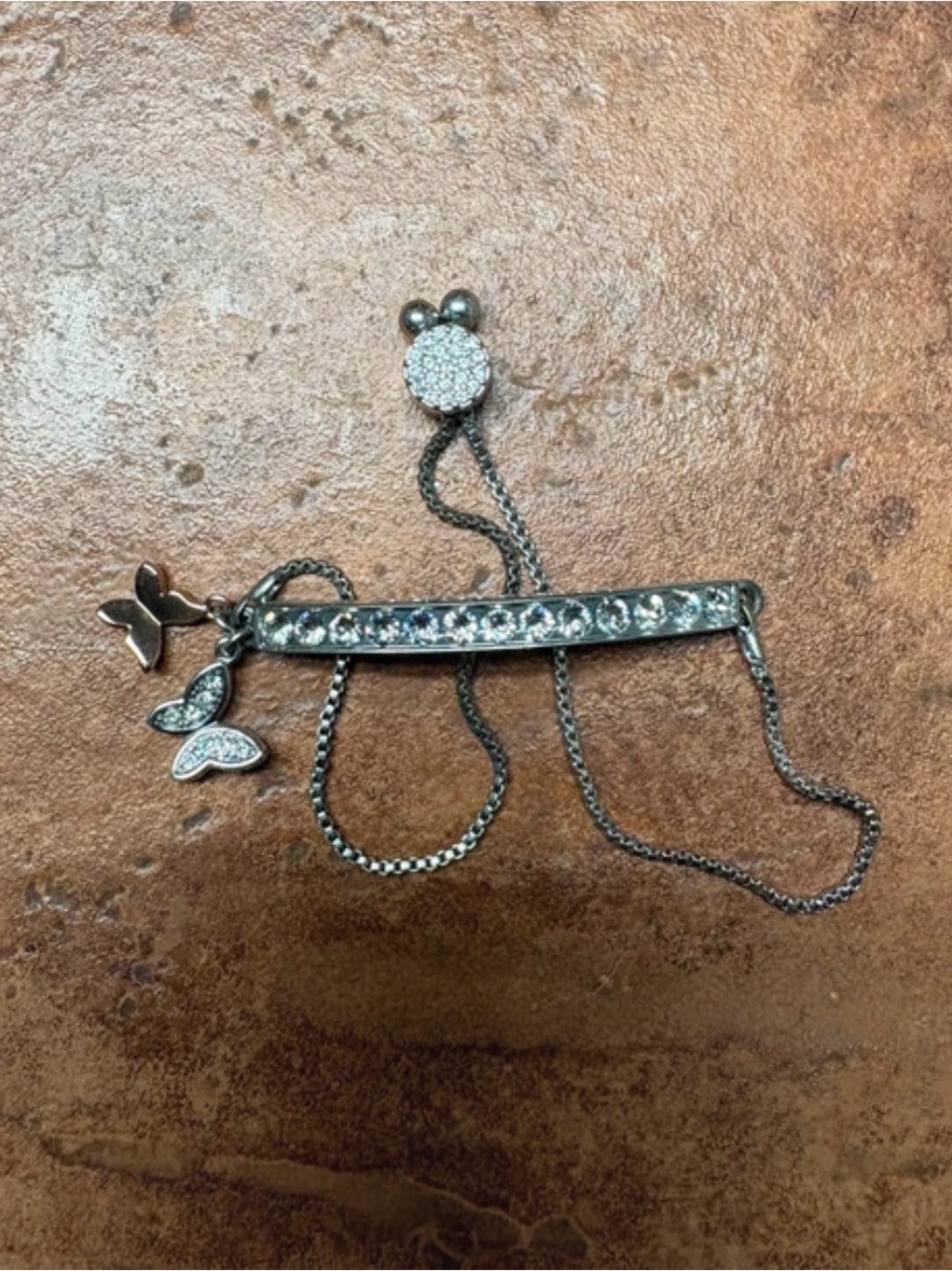 Sterling Silver Crystal Bar Bracelet with Butterfly Charms - Silver